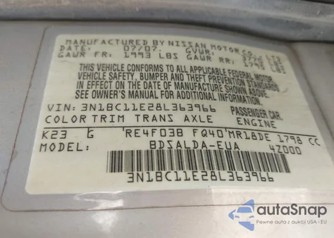 2008 Nissan Versa 1.8S from USA, damaged, VIN 3N1BC11E28L363966